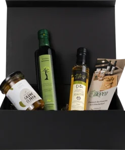 Biogea Geschenkkorb Greek Salad (1x Olivenöl + 1x Thymianessig + 1x Grüne Oliven)