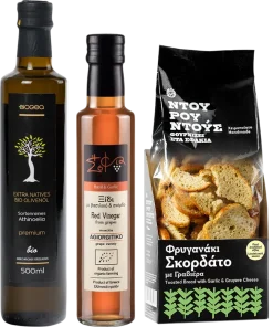 Christmas gift box Peloponnese (1x olive oil + 1x red wine vinegar + 1x oregano + 1x bread snacks + 1x honey)