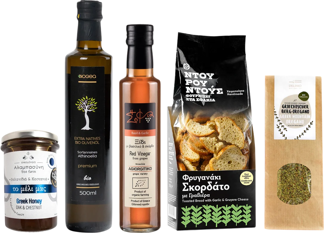 Christmas gift box Peloponnese (1x olive oil + 1x red wine vinegar + 1x oregano + 1x bread snacks + 1x honey)