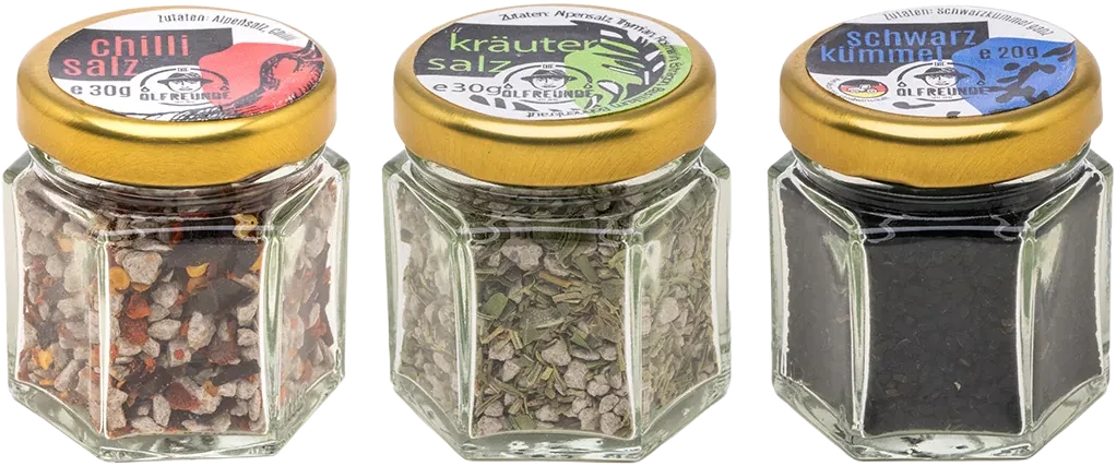 Würz Set (1x Kräutersalz + 1x Chilisalz + 1x Schwarzkümmelsamen)