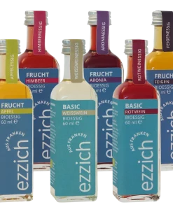 ezzich 6er Obst Kistla – Vinegar tasting package (1x chokeberry vinegar + 1x raspberry vinegar + 1x fig vinegar + 1x apple vinegar + 1x white wine vinegar + 1x red wine vinegar)
