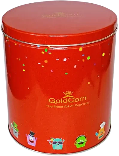 GoldCorn popcorn with caramel in a tin